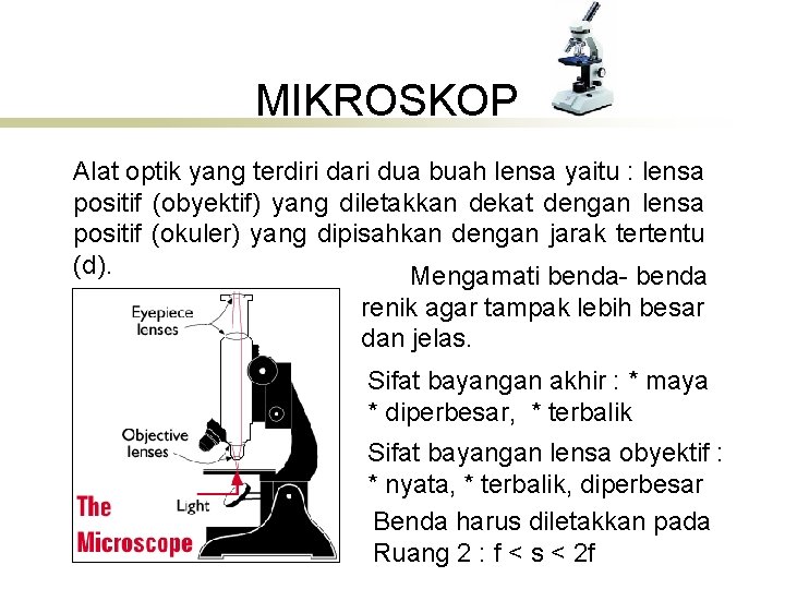 MIKROSKOP Alat optik yang terdiri dari dua buah lensa yaitu : lensa positif (obyektif)