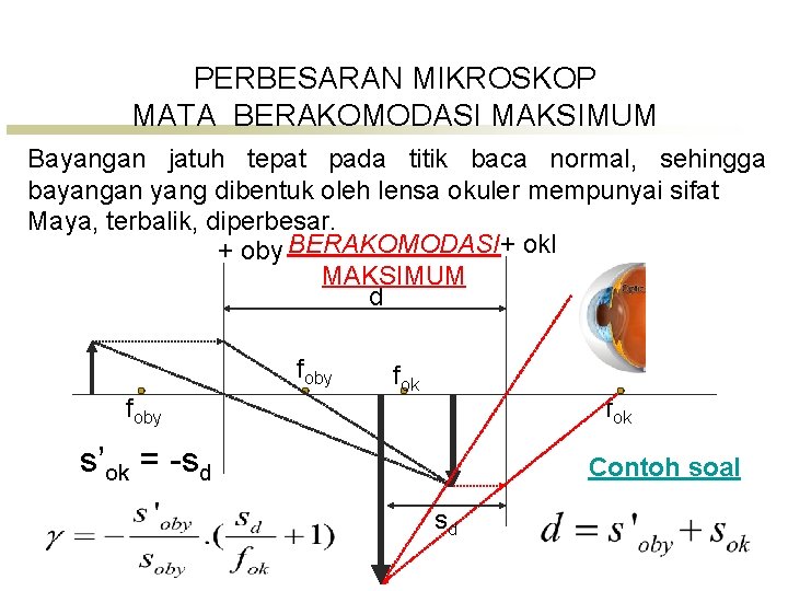 PERBESARAN MIKROSKOP MATA BERAKOMODASI MAKSIMUM Bayangan jatuh tepat pada titik baca normal, sehingga bayangan