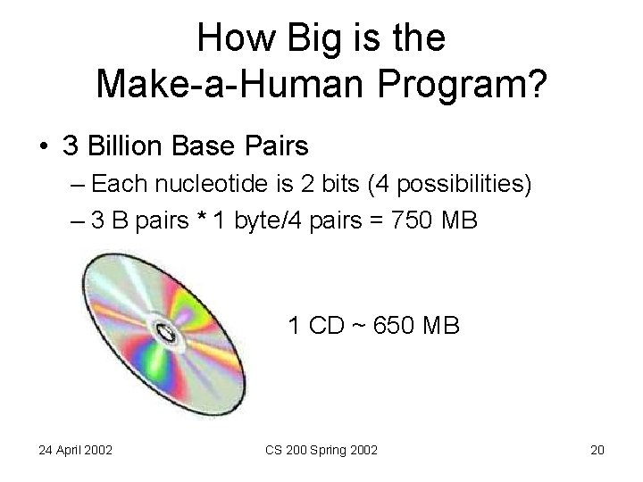 How Big is the Make-a-Human Program? • 3 Billion Base Pairs – Each nucleotide