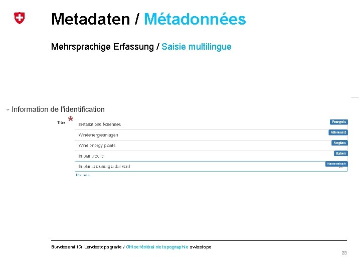 Metadaten / Métadonnées Mehrsprachige Erfassung / Saisie multilingue Bundesamt für Landestopografie / Office fédéral