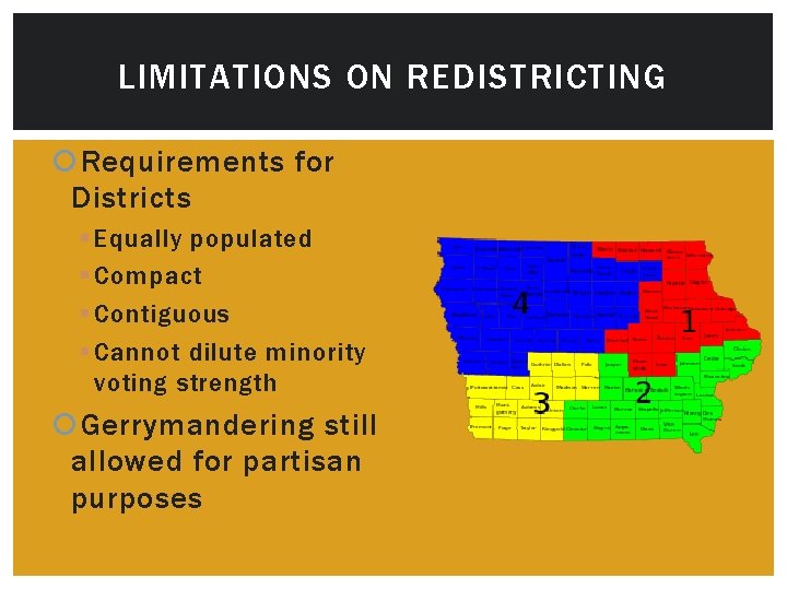 LIMITATIONS ON REDISTRICTING Requirements for Districts § Equally populated § Compact § Contiguous §