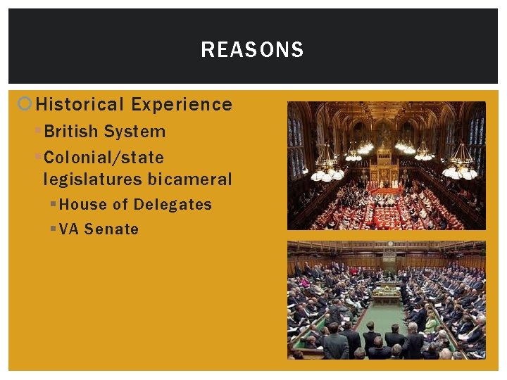 REASONS Historical Experience § British System § Colonial/state legislatures bicameral § House of Delegates