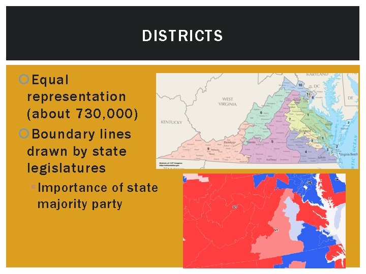 DISTRICTS Equal representation (about 730, 000) Boundary lines drawn by state legislatures § Importance