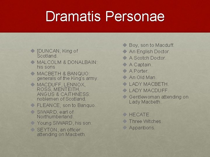 Dramatis Personae u [DUNCAN, King of Scotland. u MALCOLM & DONALBAIN: his sons u