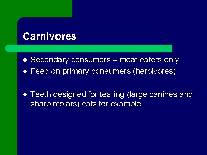 Carnivores l l l Secondary consumers – meat eaters only Feed on primary consumers