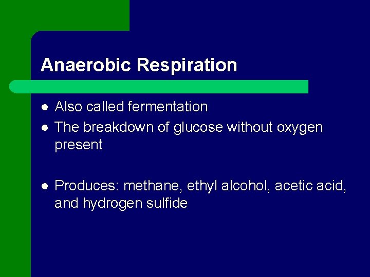 Anaerobic Respiration l l l Also called fermentation The breakdown of glucose without oxygen