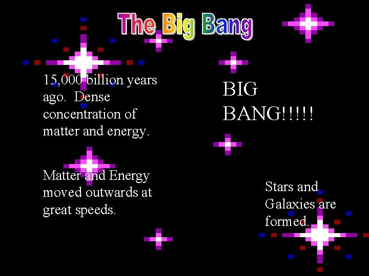 15, 000 billion years ago. Dense concentration of matter and energy. Matter and Energy
