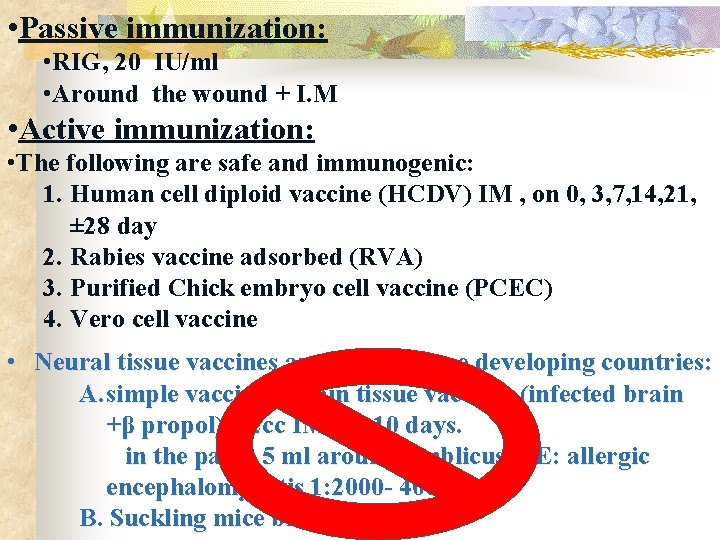  • Passive immunization: • RIG, 20 IU/ml • Around the wound + I.