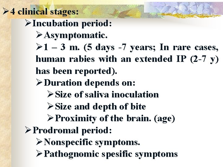 Ø 4 clinical stages: ØIncubation period: ØAsymptomatic. Ø 1 – 3 m. (5 days
