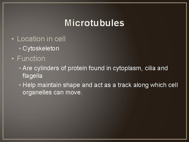 Microtubules • Location in cell • Cytoskeleton • Function • Are cylinders of protein