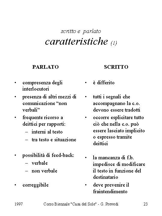 scritto e parlato caratteristiche (1) PARLATO • SCRITTO compresenza degli interlocutori presenza di altri