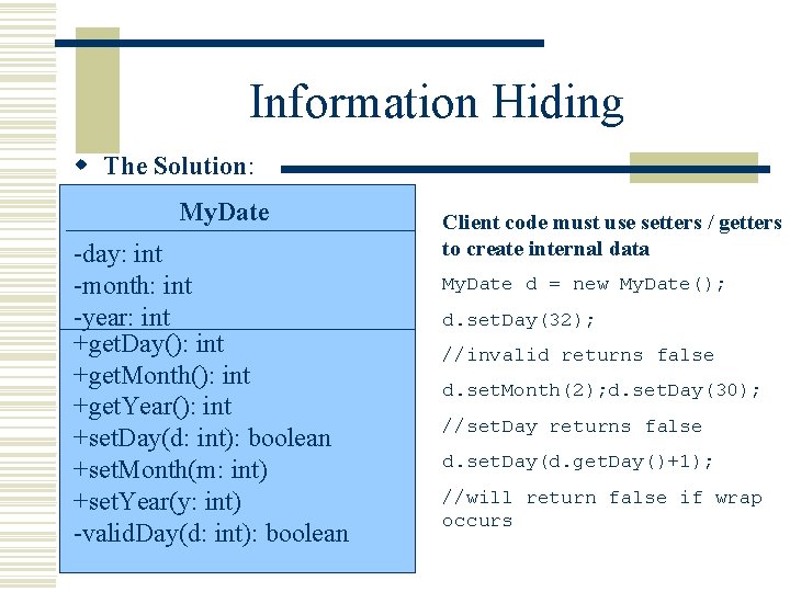 Information Hiding w The Solution: My. Date -day: int -month: int -year: int +get. Information Hiding w The Solution: My. Date -day: int -month: int -year: int +get.
