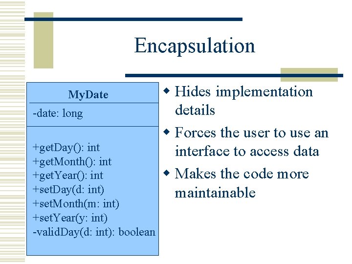 Encapsulation My. Date -date: long +get. Day(): int +get. Month(): int +get. Year(): int Encapsulation My. Date -date: long +get. Day(): int +get. Month(): int +get. Year(): int