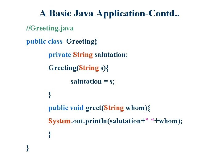 A Basic Java Application-Contd. . //Greeting. java public class Greeting{ private String salutation; Greeting(String A Basic Java Application-Contd. . //Greeting. java public class Greeting{ private String salutation; Greeting(String
