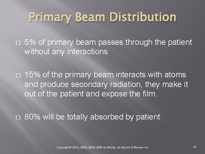 Primary Beam Distribution � 5% of primary beam passes through the patient without any