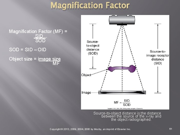 Magnification Factor (MF) = SID. SOD = SID – OID Object size = image