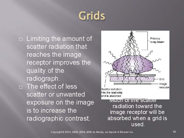 Grids � � Limiting the amount of scatter radiation that reaches the image receptor