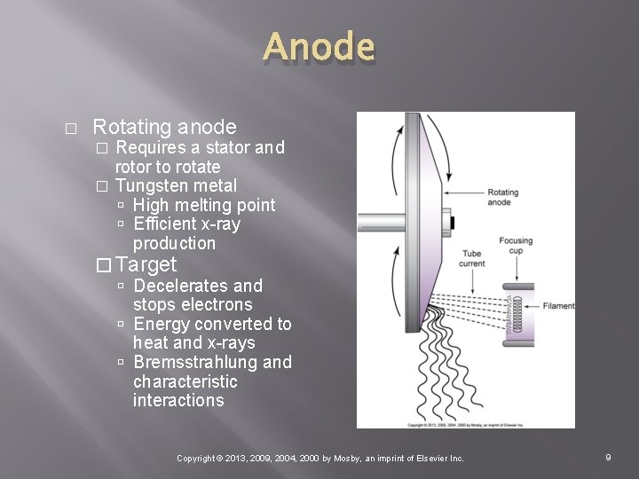 Anode � Rotating anode Requires a stator and rotor to rotate � Tungsten metal