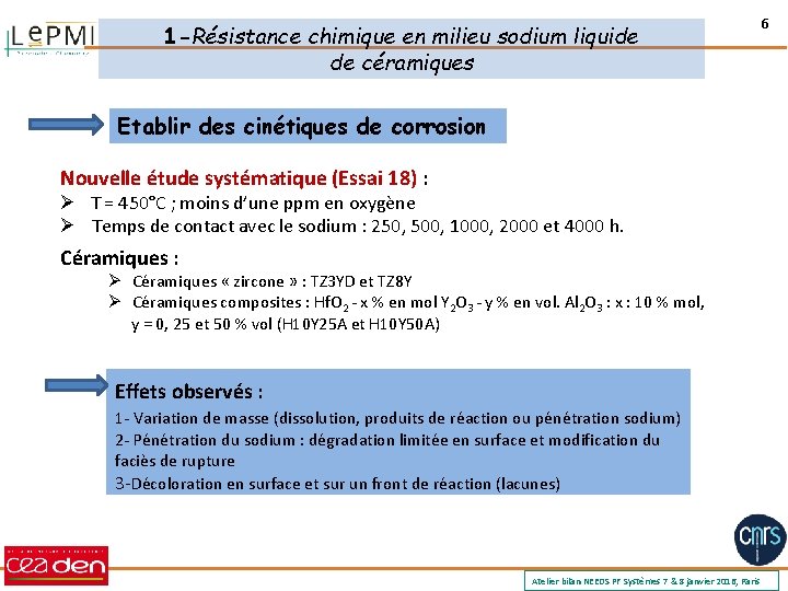 1 -Résistance chimique en milieu sodium liquide de céramiques Etablir des cinétiques de corrosion