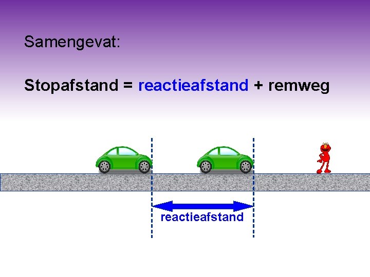Samengevat: Stopafstand = reactieafstand + remweg reactieafstand Samengevat: Stopafstand = reactieafstand + remweg reactieafstand
