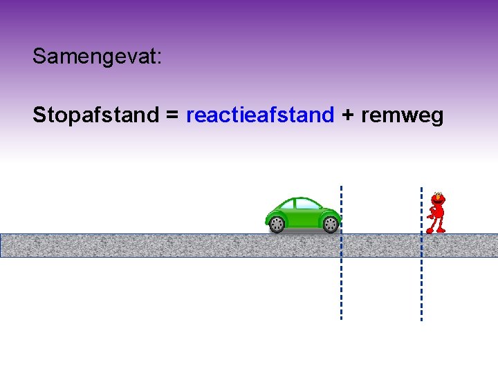 Samengevat: Stopafstand = reactieafstand + remweg Samengevat: Stopafstand = reactieafstand + remweg