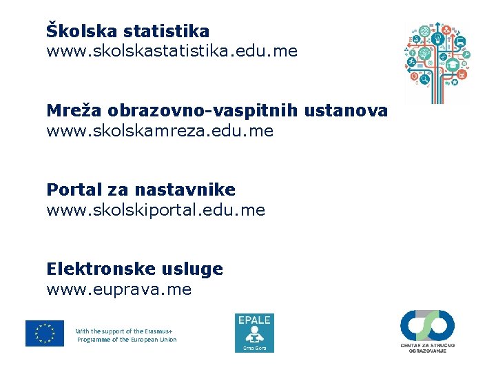 Školska statistika www. skolskastatistika. edu. me Mreža obrazovno-vaspitnih ustanova www. skolskamreza. edu. me Portal