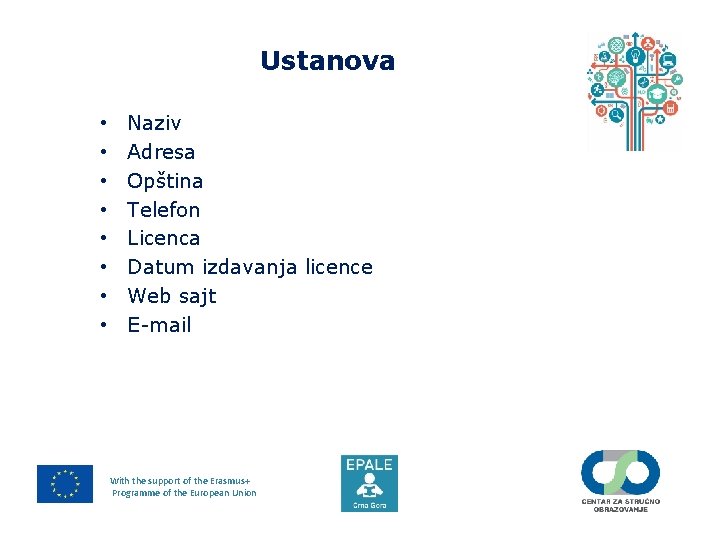 Ustanova • • Naziv Adresa Opština Telefon Licenca Datum izdavanja licence Web sajt E-mail