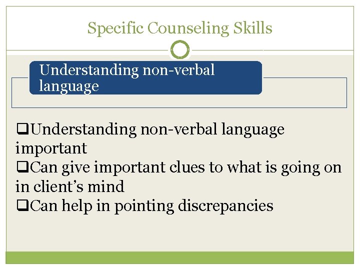 Specific Counseling Skills Understanding non-verbal language q. Understanding non-verbal language important q. Can give
