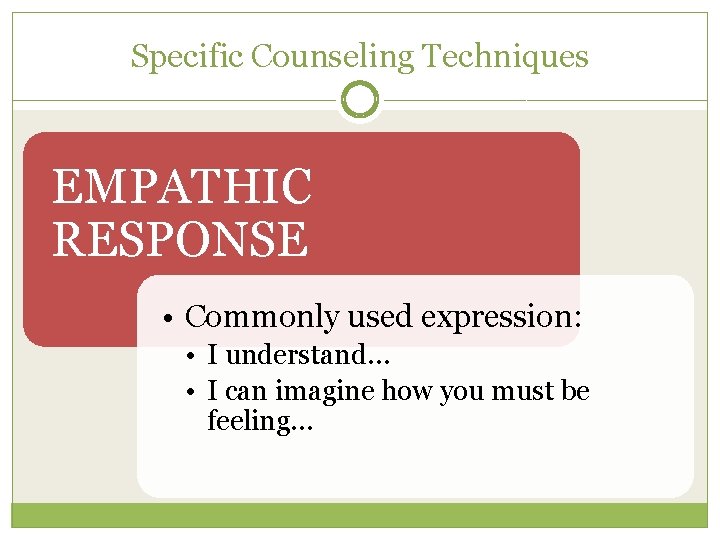 Specific Counseling Techniques EMPATHIC RESPONSE • Commonly used expression: • I understand… • I