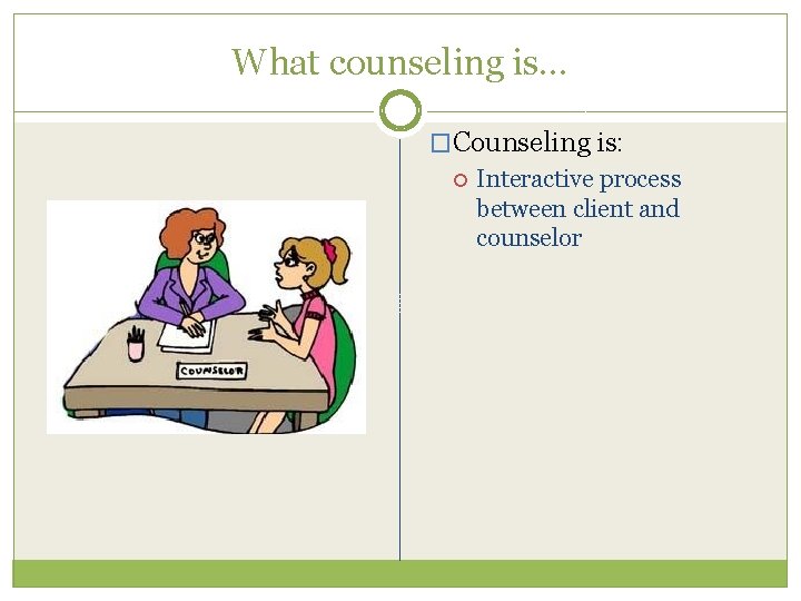 What counseling is… �Counseling is: Interactive process between client and counselor 