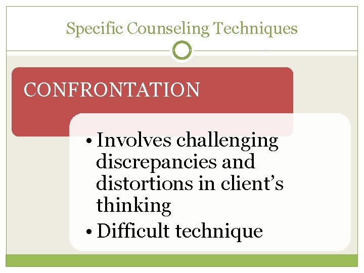 Specific Counseling Techniques CONFRONTATION • Involves challenging discrepancies and distortions in client’s thinking •