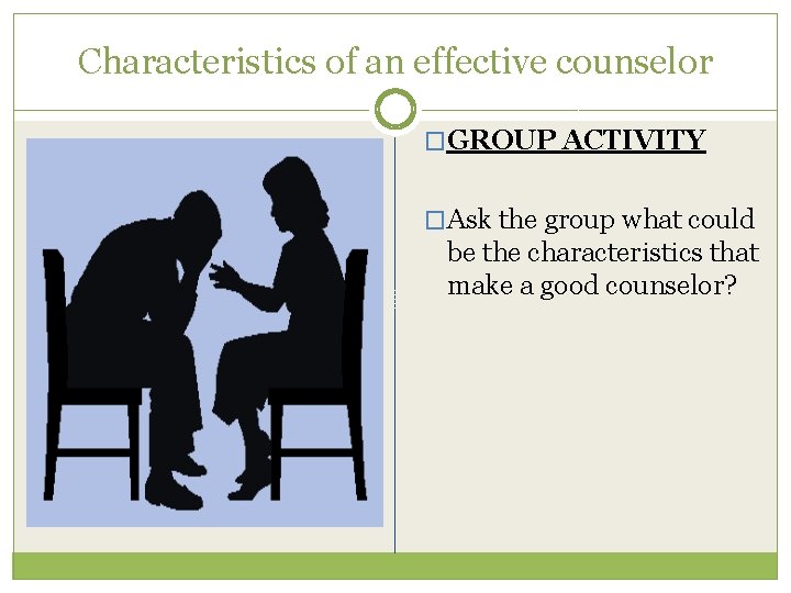 Characteristics of an effective counselor �GROUP ACTIVITY �Ask the group what could be the