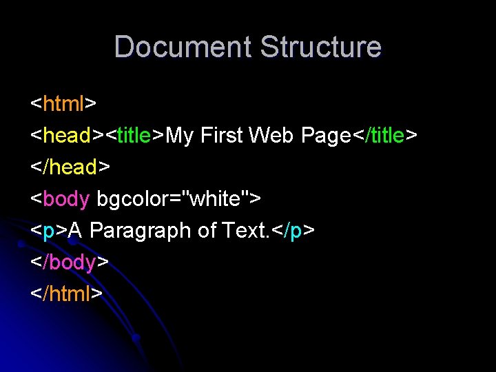 Document Structure <html> <head><title>My First Web Page</title> </head> <body bgcolor="white"> <p>A Paragraph of Text.