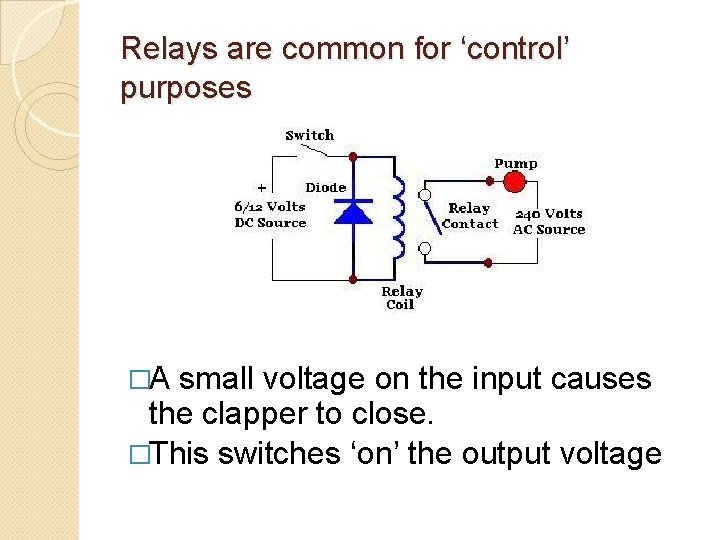 Relays are common for ‘control’ purposes �A small voltage on the input causes the