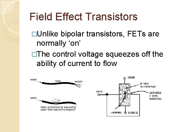 Field Effect Transistors �Unlike bipolar transistors, FETs are normally ‘on’ �The control voltage squeezes