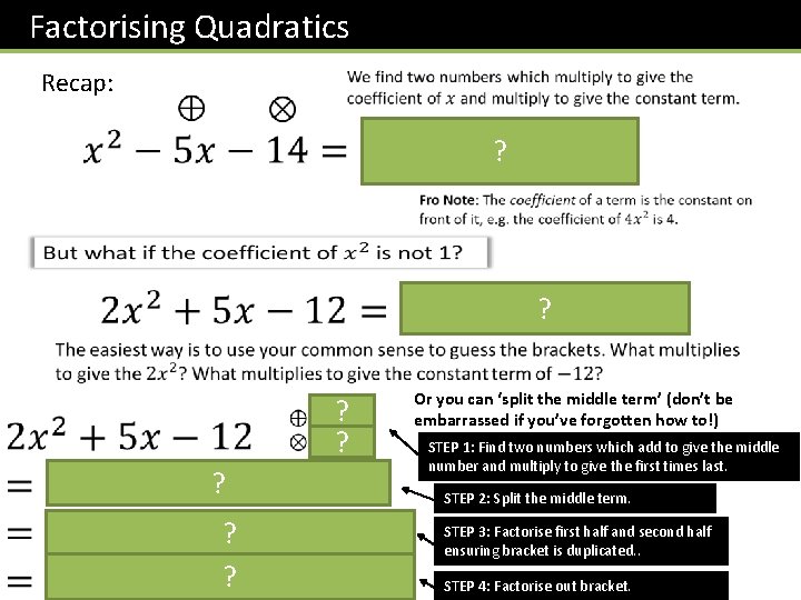 Factorising Quadratics Recap: ? ? ? ? Or you can ‘split the middle term’