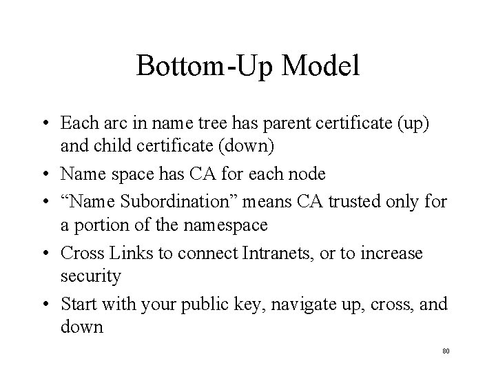 Bottom-Up Model • Each arc in name tree has parent certificate (up) and child