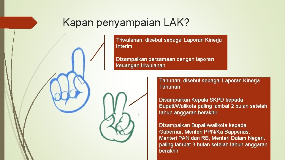 Kapan penyampaian LAK? Triwulanan, disebut sebagai Laporan Kinerja Interim Disampaikan bersamaan dengan laporan keuangan