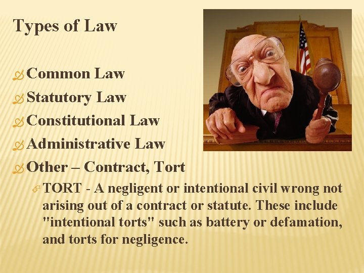 Types of Law Common Law Statutory Law Constitutional Law Administrative Law Other – Contract,