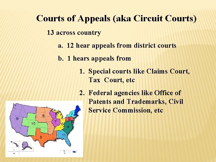 Courts of Appeals (aka Circuit Courts) 13 across country a. 12 hear appeals from