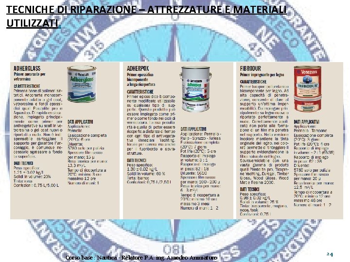 TECNICHE DI RIPARAZIONE – ATTREZZATURE E MATERIALI UTILIZZATI. Corso base : Nautica - Relatore