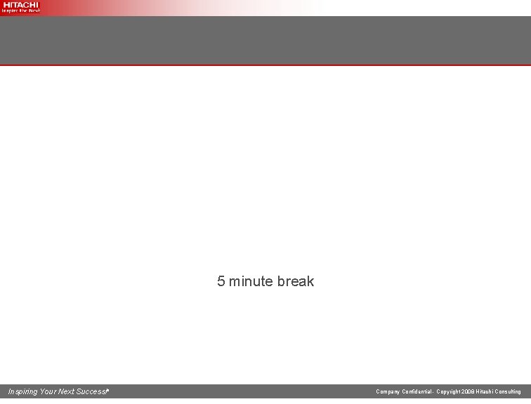 5 minute break Inspiring Your Next Success!® Company Confidential - Copyright 2008 Hitachi Consulting