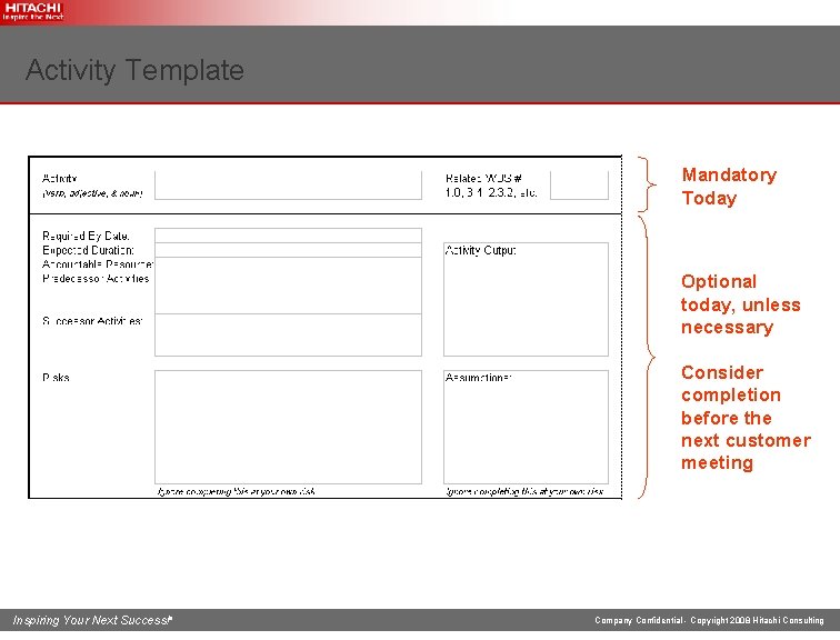 Activity Template Mandatory Today Optional today, unless necessary Consider completion before the next customer