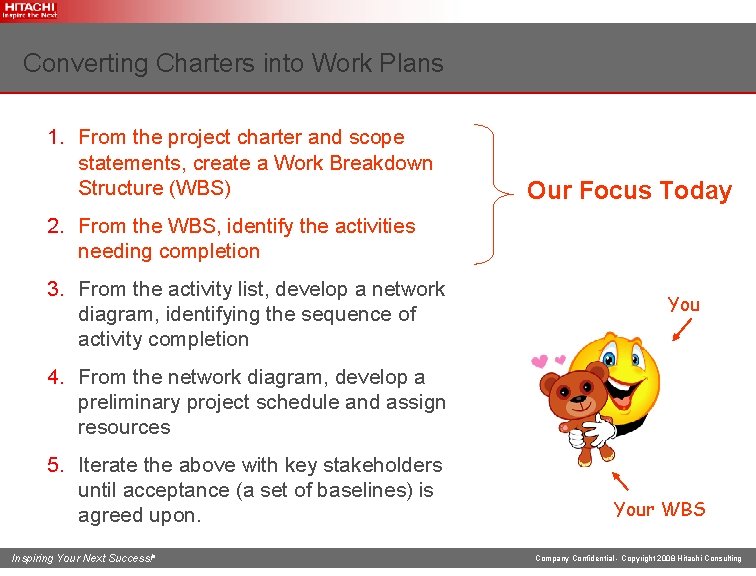 Converting Charters into Work Plans 1. From the project charter and scope statements, create