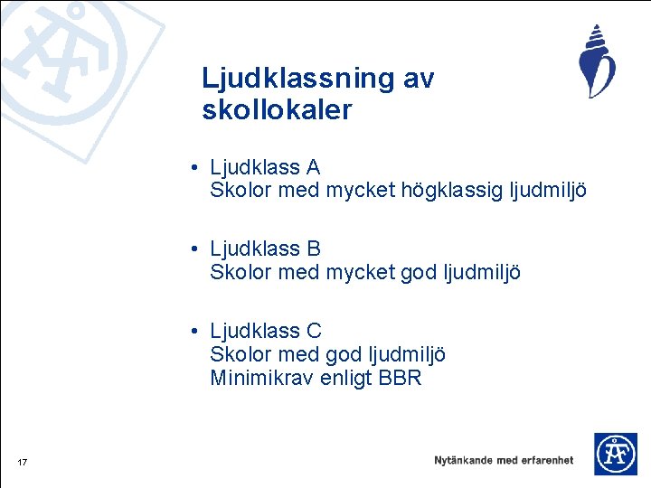 Ljudklassning av skollokaler • Ljudklass A Skolor med mycket högklassig ljudmiljö • Ljudklass B