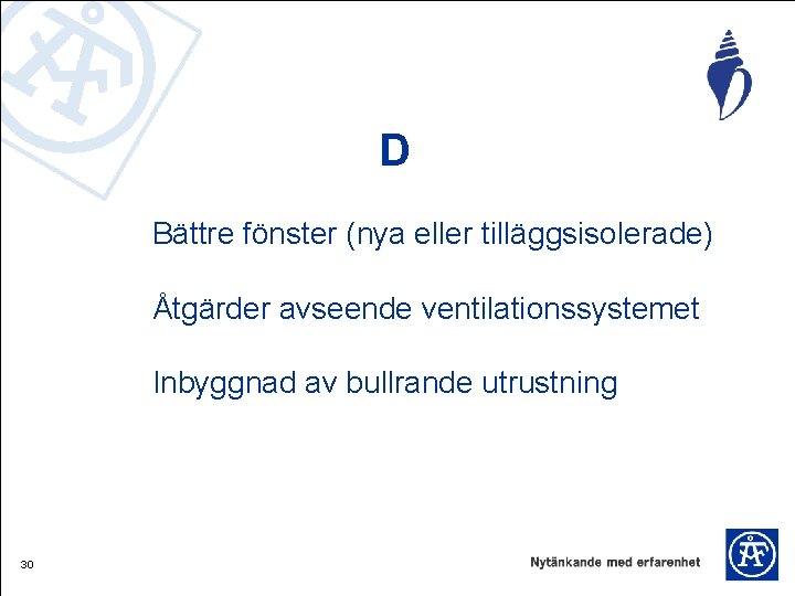 D Bättre fönster (nya eller tilläggsisolerade) Åtgärder avseende ventilationssystemet Inbyggnad av bullrande utrustning 30