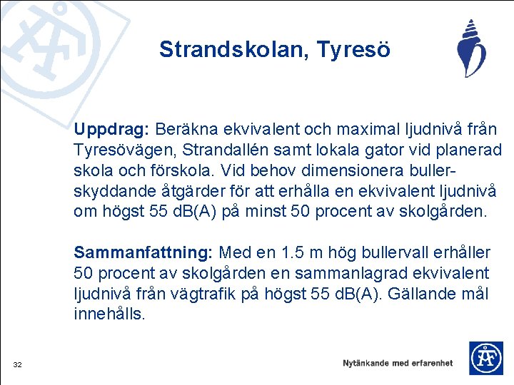 Strandskolan, Tyresö Uppdrag: Beräkna ekvivalent och maximal ljudnivå från Tyresövägen, Strandallén samt lokala gator