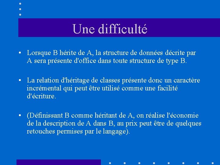 Une difficulté • Lorsque B hérite de A, la structure de données décrite par