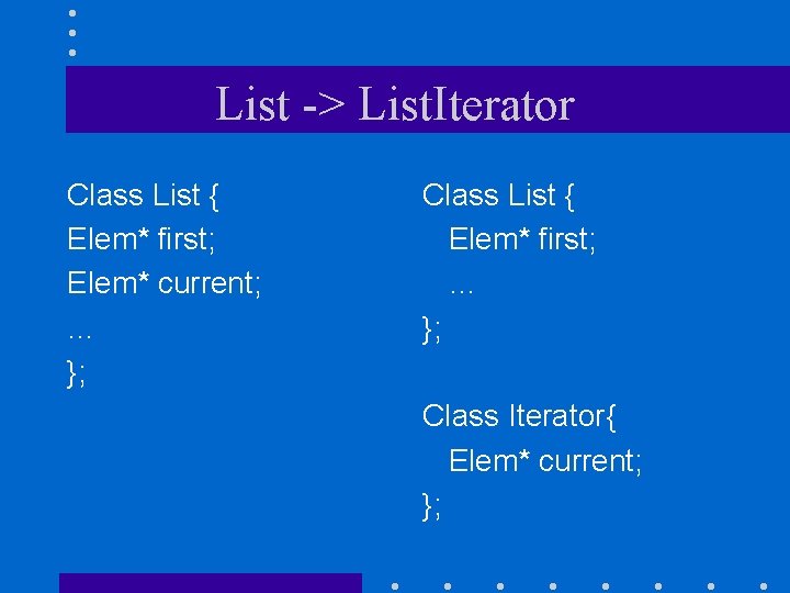 List -> List. Iterator Class List { Elem* first; Elem* current; … }; Class