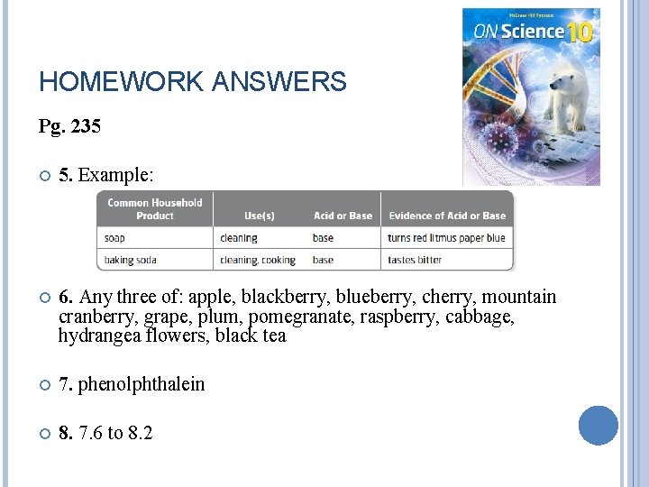 HOMEWORK ANSWERS Pg. 235 5. Example: 6. Any three of: apple, blackberry, blueberry, cherry,